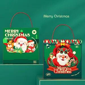 Christmas Gift Bags Portable Cardboard Candy Boxes With Handles For Holiday Party Santa Claus Snowman Reindeer Patterns