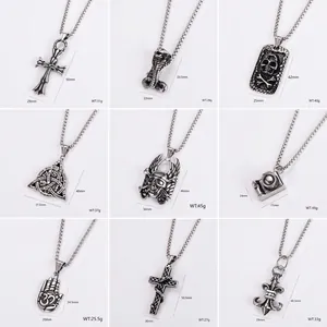 Stainless Steel Pendant Necklace Vintage Punk Goth Hip Hop Style Snake Skull Cross Camera Fleur-De-Lis Jewelry Gift