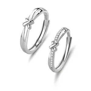 X Shaped Cross Knot Couple Rings 925 Sterling Silver Adjustable Pavé Cubic Zirconia Minimalist Jewelry Gift For Lovers