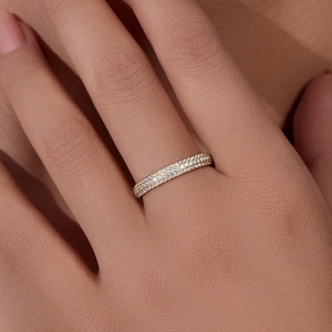 Classic 925 sterling silver ring with triple rows of micro-pave white zircon stones