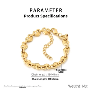 Close-up of 18k gold plated stainless steel heart link bracelet with lobster clasp