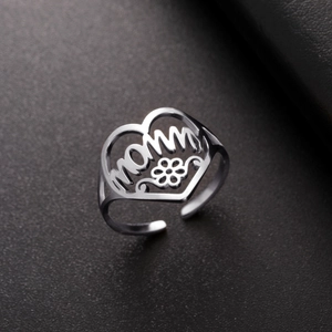 Silver stainless steel heart ring with MOM lettering and adjustable open band design