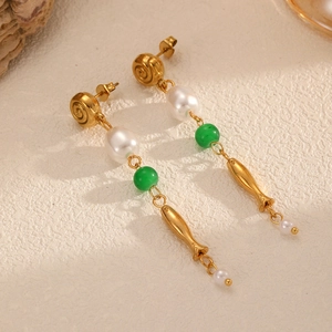 Vintage 18K Gold Plated Stainless Steel Drop Earrings With Fish Pendant Artificial Baroque Pearl And Green Bead For Women