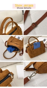 Detailed close-up showing brown corduroy texture, metal hardware, and smartphone compartment