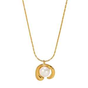 Detail of a vintage geometric stainless steel necklace with a polished white pearl pendant
