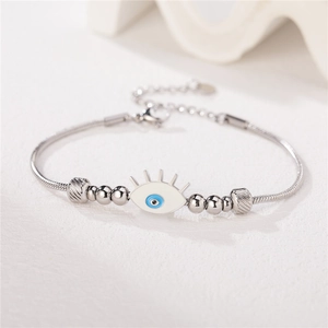 Minimalist evil eye beaded bracelet in silver titanium steel with snake chain for women