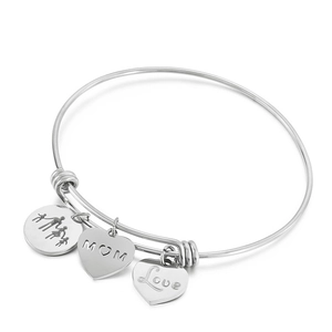 Adjustable silver MOM bracelet with heart pendants for Mother's Day gift