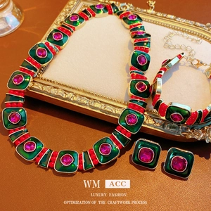 Vintage Palace Square Enamel Jewelry With Alloy Rhinestone Necklace Bracelet And Silver Earring Post