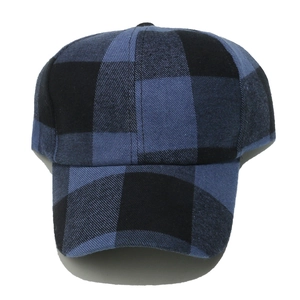 Detailed view of the blue and black plaid fabric texture on a seasonal baseball cap