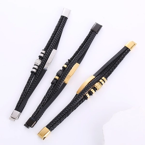 Triple-layer braided leather bracelet for men with Greek fret pattern and magnetic clasps