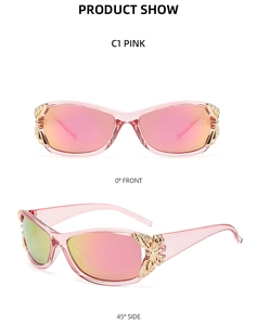 Detail of pink Y2K sunglasses with translucent frames and gold butterfly hinge accents