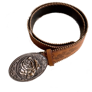 Vintage brown leather belt with embossed rose pattern and bronze metal buckle for women