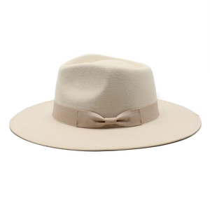 Classic beige wool felt fedora hat for men and women with ribbon bow and wide brim