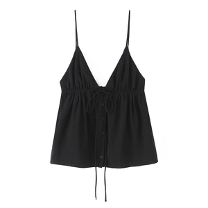 Women's black V-neck camisole top with front buttons and adjustable drawstring waist