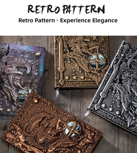 Macro detail of 3D embossed vintage warrior notebooks with metallic textures on wood