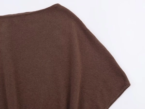 Detailed view of the fine knit neckline and shoulder seams of a dark brown knit top