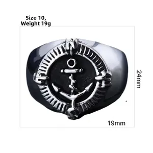 Detailed size view of silver vintage anchor ring with black face, 24mm height, 19g weight