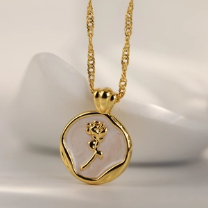 Vintage gold rose pendant necklace with white enamel tulip flower and twisted chain