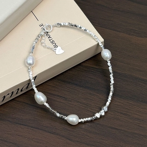 S925 sterling silver freshwater pearl bracelet with irregular silver beads for women