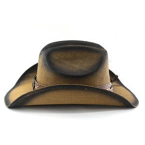 Detail of hand-painted gradient texture on vintage straw cowboy hat with leather band