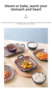 Detailed view of bohemian ceramic plates and bowls set with colorful mandala patterns