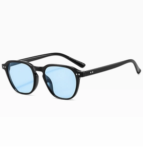 Detail of retro small frame sunglasses with light blue lenses and silver rivet accents