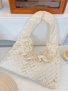 Women's French Style Lace Daisy Embroidered Tote Bag Summer Elegant Mesh Shoulder Bag With Ruffles Hollow Out Floral Handbag