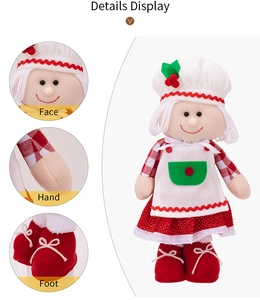 Details von Weihnachtsfrau-Plüsch mit Kochmütze, Paillettenrock und Nahaufnahmen