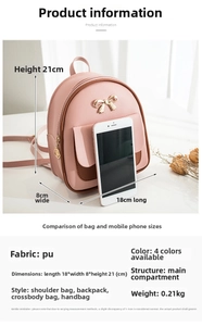 Pink PU mini backpack size specifications 18x8x21cm and multi-way carrying detail guide