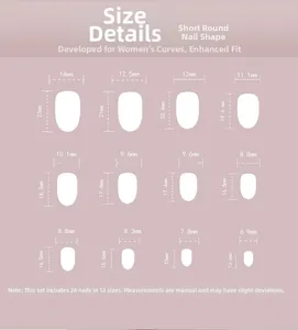 Detailed size chart for press-on nails showing 24 pieces in 12 different dimensions