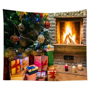 Detailed Christmas scene wall tapestry with fireplace, festive tree and gift boxes