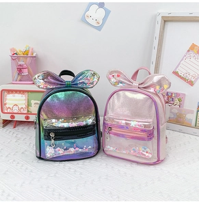 Detail of glitter bow backpacks with colorful sequins and transparent front pockets