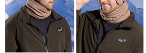 Macro detail of men winter knit neck warmer and thick fleece jacket zipper design