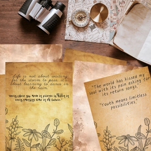 Vintage A4 stationery set with inspirational quotes on rustic wooden desk background