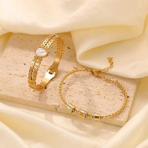 Elegant gold hollow butterfly bangle and beaded bracelet set with shell and zircon inlay
