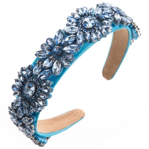 Blue rhinestone floral headband with vintage crystal flower cluster patterns for women