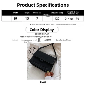 Detailed view of black PU leather crossbody bag with size specifications and strap details