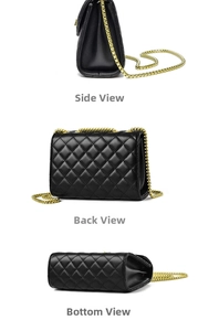 Detailed side, back, and bottom views of black quilted chain bag with gold hardware