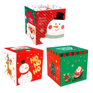 Three-piece set of foldable Christmas paper gift boxes with Santa and Snowman designs