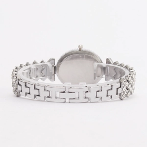 Back view of silver metal women's watch with rhinestone-encrusted chain links