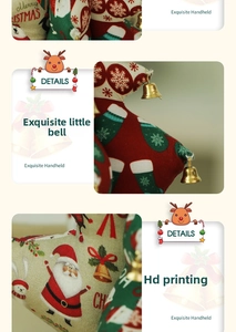 Detailed close-up of textured burlap Christmas stockings with metal bells and festive prints