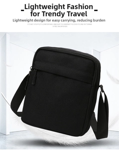 Detail view of black casual crossbody bag with front zipper pocket and adjustable strap