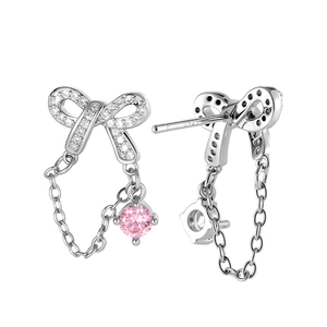 925 silver needle bow earrings with heart and arrow cubic zirconia dangling chains