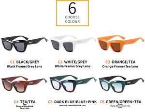 Detailed view of six color variants for thick-frame cat eye sunglasses with metal accents