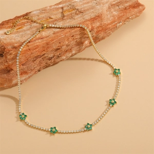 Elegant gold choker necklace with green flower charms and white crystals for women
