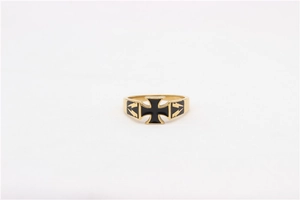 Detailed view of golden cross ring with black enamel finish and lightning patterns