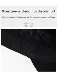Detail of black flat top hat showing mesh fabric and widened sweat-absorbent band