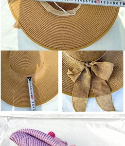 Dettaglio del cappello da sole intrecciato con misure della tesa e materiale pieghevole