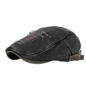 Béret en denim noir vieilli avec coutures rouges croisées et sangle réglable