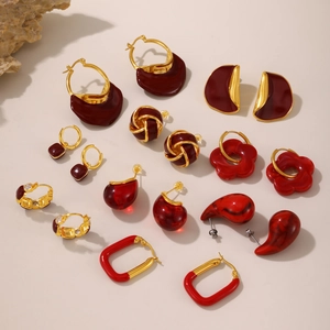 Vintage Enamel Geometric Earrings Stainless Steel 18K Gold Plated Dark Red Zircon Elegant Fashion Jewelry For Women
